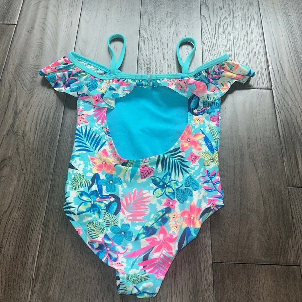 Toddler girl off shoulder ruffle top floral tropical low back swimsuit